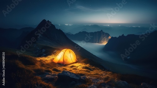 Tourist tent in the mountains at night, Generative AI © tanatat