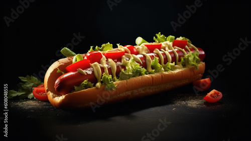 Hot juicy hot dog with vegetables and meat.Street food. Generative AI