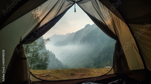 Camping tent in the mountains with a view on the valley and fog, Generative AI