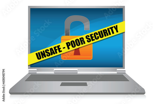 An illustration featuring a laptop computer with an unlock lock on the screen and wrapped in yellow crime scene tape.