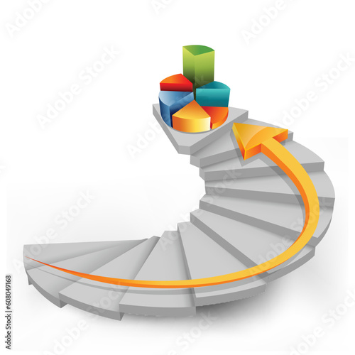 illustration of pie chart in steps with arrow on white background