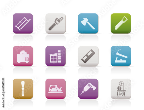 Woodworking industry and Woodworking tools icons - vector icon set