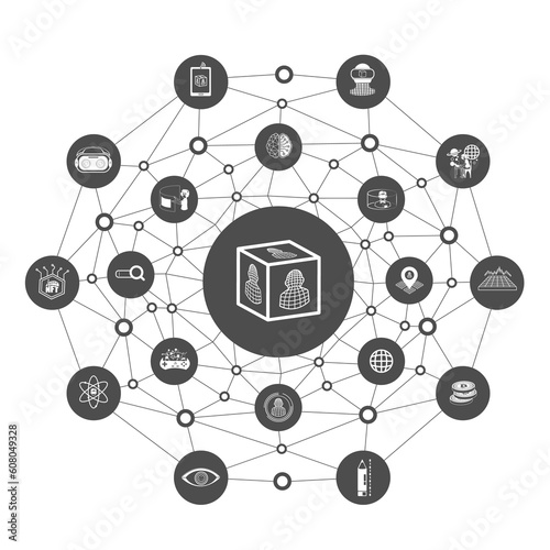 Group of black and white metaverse icons with line polygon background.Education for metaverse concept
