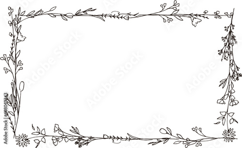 線画。手書きのベクター草木イラスト。夏の草木デコレーションフレーム。Line drawing. Hand drawn vector grass and trees illustration. Summer grass and trees decoration frame.