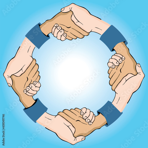 An image of a circular shaking of hands.