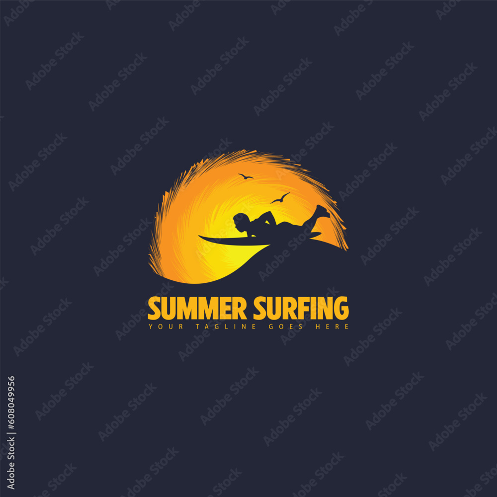 summer surf logo men surfing on big wave surfboard vector image