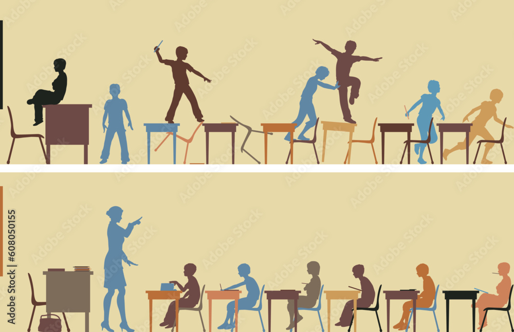 Editable vector silhouettes of two colorful classroom scenes