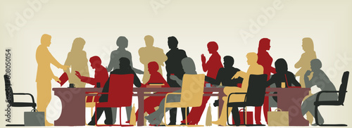 Colorful editable vector foreground silhouette of people in a meeting