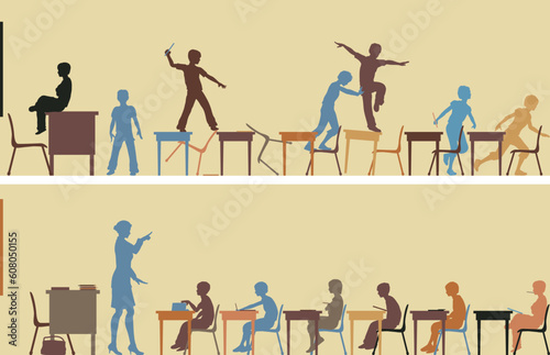Editable vector silhouettes of two colorful classroom scenes