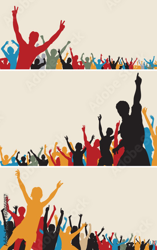 Set of colorful editable vector crowd silhouettes