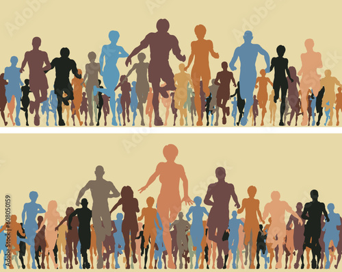 Colorful editable vector silhouettes of many people running