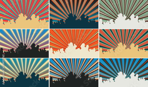 Set of color variations of an editable vector illustration of sunbeams and clouds