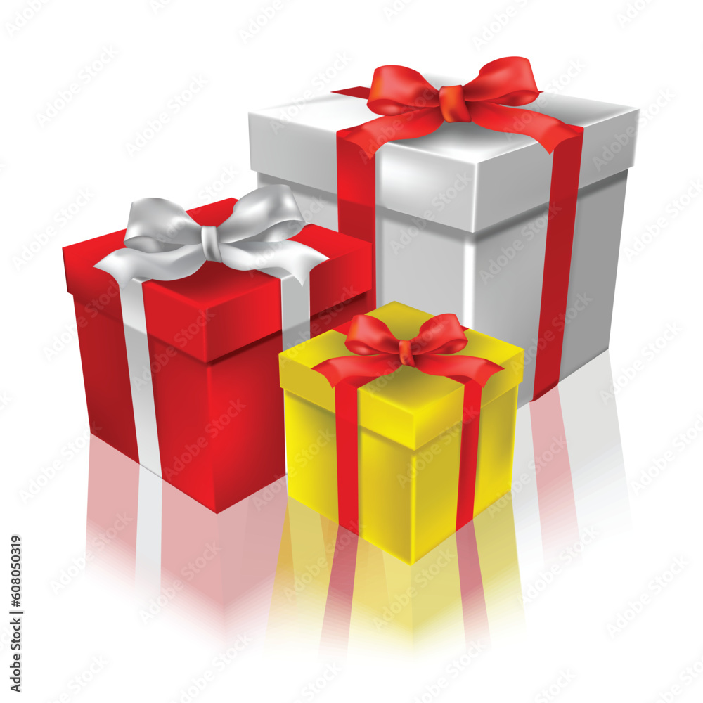 Fototapeta premium Christmas gifts with reflection on a white background