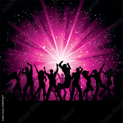 Silhoeuttes of people dancing on a starburst background