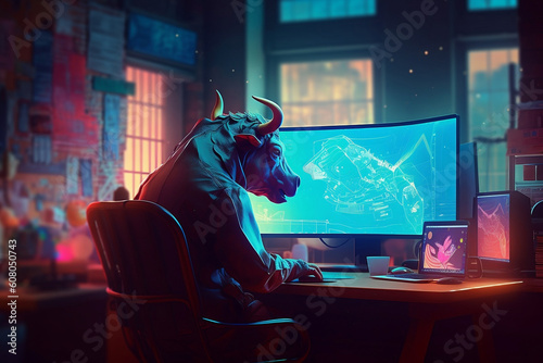 Crypto Bull, Stock Trading Bull in front of computer © logan