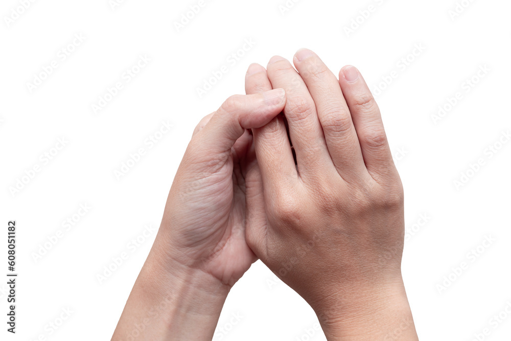 Woman hands holding isolated on white background. Healthcare problem. Pain and infection. Woman hands holding isolated on white background. Healthcare problem. Pain and infection.