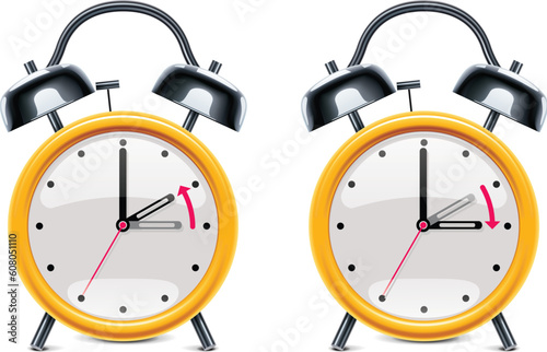 Two alarm clocks with arrows showing hour forward and backward