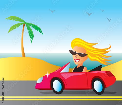 Woman cruising in a convertible at the beach.