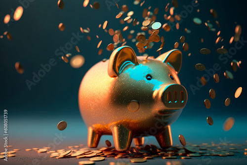 Piggy Bank With Falling Coins. Generative Ai