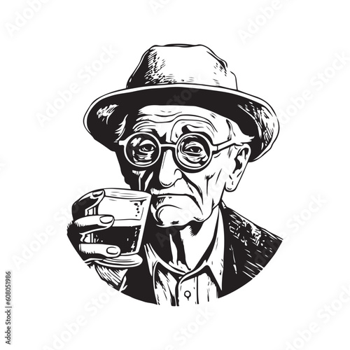 drunken old guy, vintage logo line art concept black and white color, hand drawn illustration