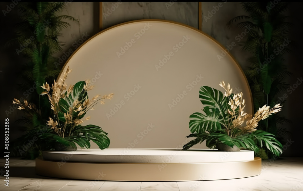 luxury podium display template with leaf and flower decoration, generative ai luxury podium display template with leaf and flower decoration, generative ai