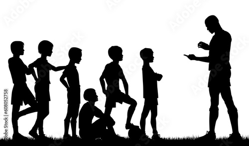 Editable vector silhouette of a man coaching children football