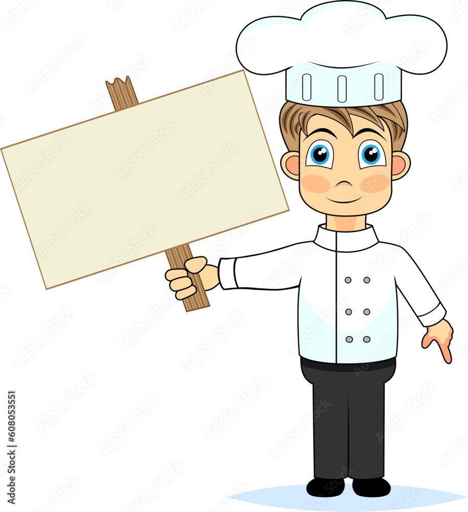 vector illustration of a cute boy chef holding a wooden blank sign. No gradient. vector illustration of a cute boy chef holding a wooden blank sign. No gradient.