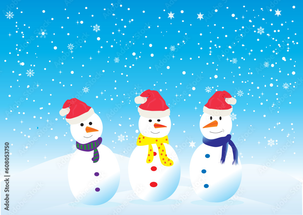 vector illustration of three funny snowmen in santa hats