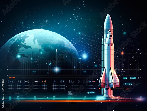 Launching new project. Business startup with spaceship. Rocket launch planning and statistical analysis. Data analysis for project development. Generative AI