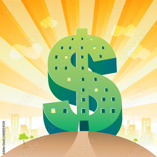 illustration of dollar shape building on cityscape