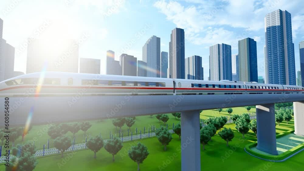 High speed rail train passing through the city at sunrise.