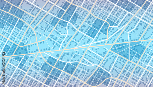 Blue city area, background map, streets. Skyline urban panorama. Cartography illustration. Widescreen proportion, digital flat design streetmap.