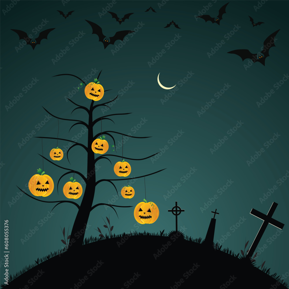 Halloween background with bats, pumpkins, elements for design, vector illustration