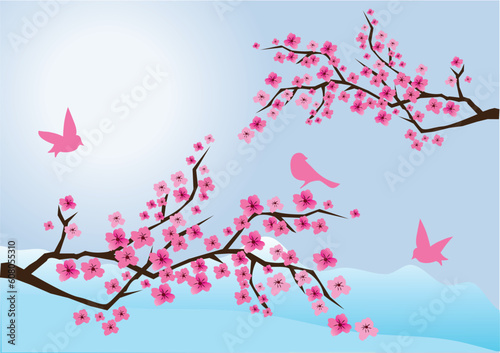 vector illustration of cherry blossom with birds and mountains at the background