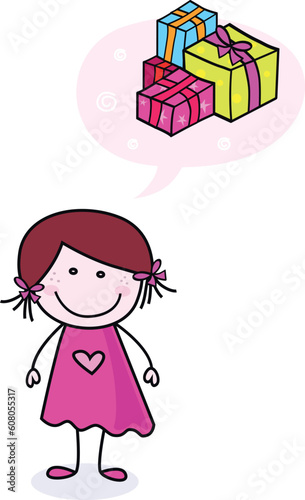 Stick figure girl with new gifts. Vector Illustration.