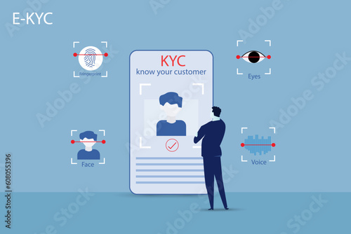 E-KYC or know your customer with business verifying the identity of its clients concept at the partners-to-be through a magnifying glass vector illustrator.