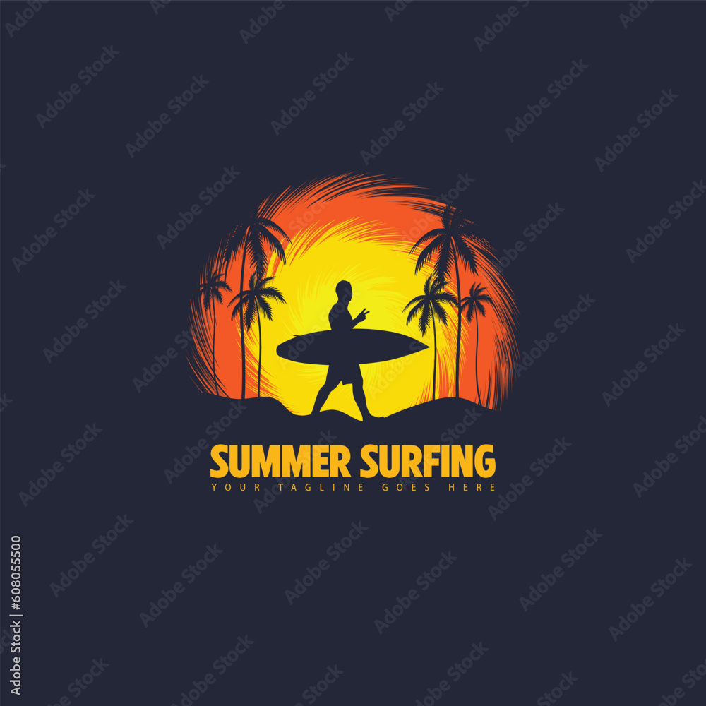 summer surf logo men surfing on big wave surfboard vector image