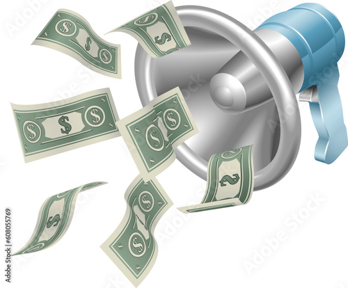 Megaphone with money flying out. Conceptual illustration representing referral fees or affiliate marketing or any other way of making money by passing on information.