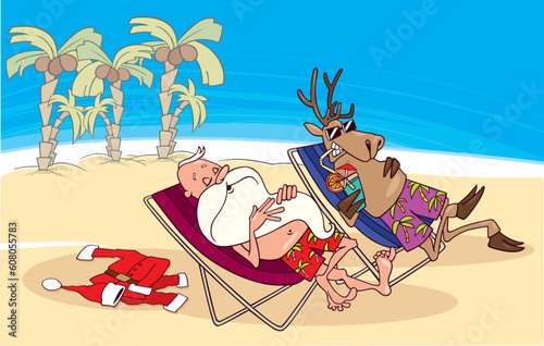 cartoon illustration of santa and reindeer having a rest on the beach