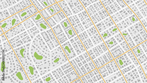 Plan with road and buildings. Abstract city maps background. Top view, view from above. Fictional district plan. Quarter residential buildings. Vector, illustration, background.