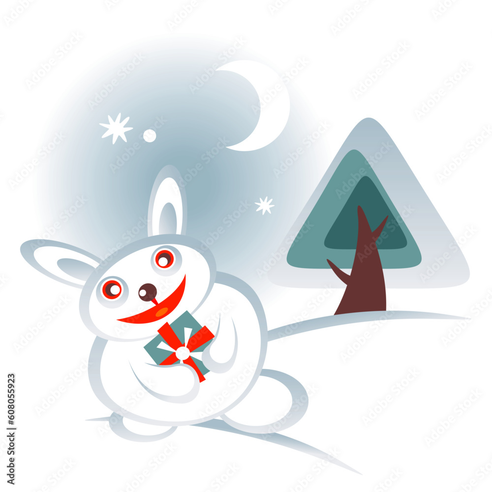 Cartoon snow rabbit with gift and pine on a winter background.