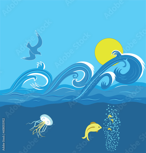 Seascape at sunset with the waves, bird, fish and jellyfish.