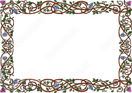 Vector art in Illustrator 8. Intertwined branches with flowers and leaves hand drawn in a loose style.