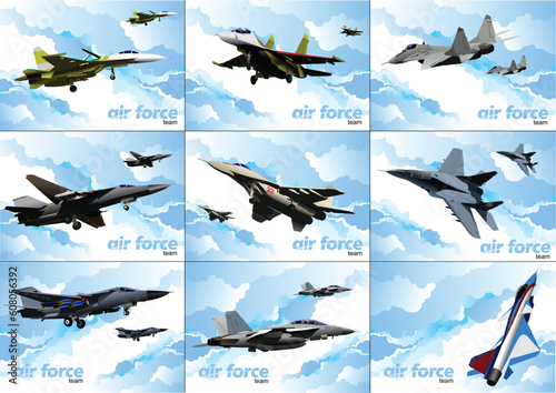 Nine posters of Air force team. Vector illustration