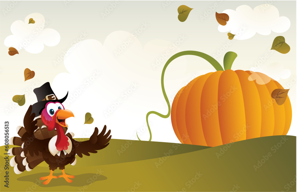 Cartoon illustration of a pilgrim turkey standing in front of a giant pumpkin.