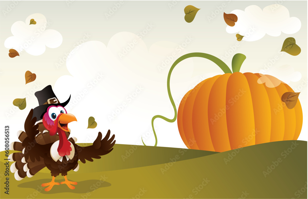 Naklejka premium Cartoon illustration of a pilgrim turkey standing in front of a giant pumpkin.