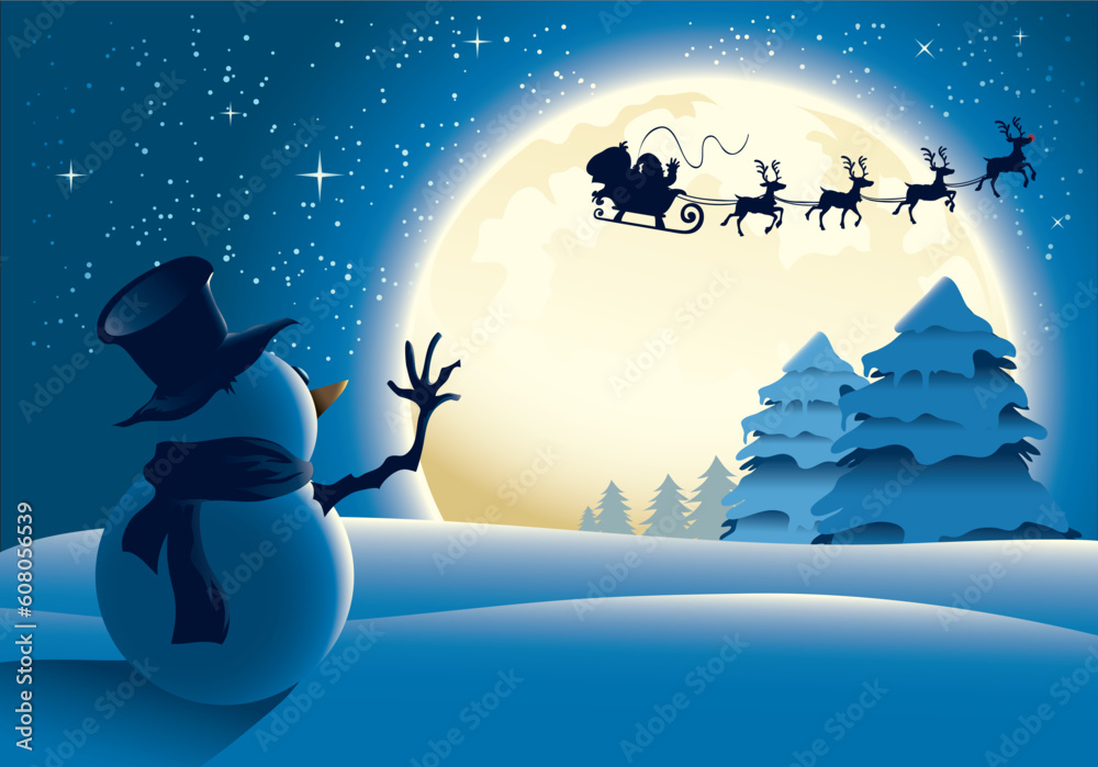 Naklejka premium Lonely Snowman waving to Santa and his sleigh in a distance, with full moon background.