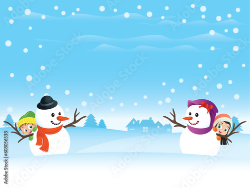 Illustration of a snowman couple with kids hiding behind them. Good spacing for custom text. Great for any Valentine or Christmas needs. © Designpics