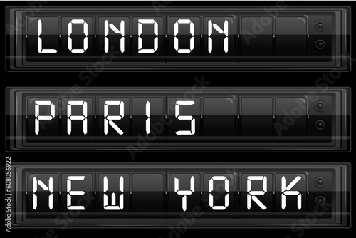 illustration of display board with london paris and new york