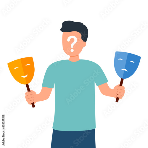 Man with bipolar disorder symptom in flat design. Bipolar patient with mood swings sometimes in a good mood sometimes sad.
